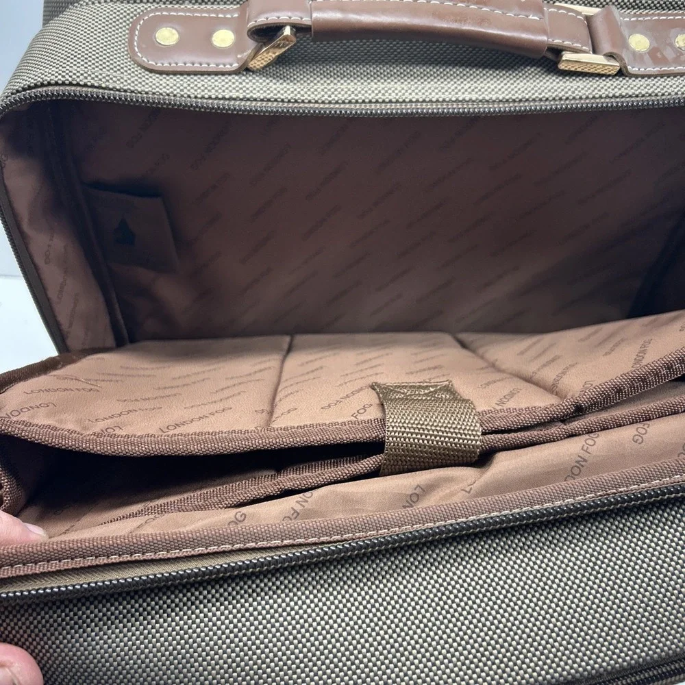 London Fog Rolling Carry On Suitcase Laptop Bag Brown Tweed Spinner Luggage